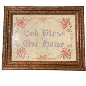 Vintage Hand Stitch Framed Art Red Roses “God Bless Our Home”